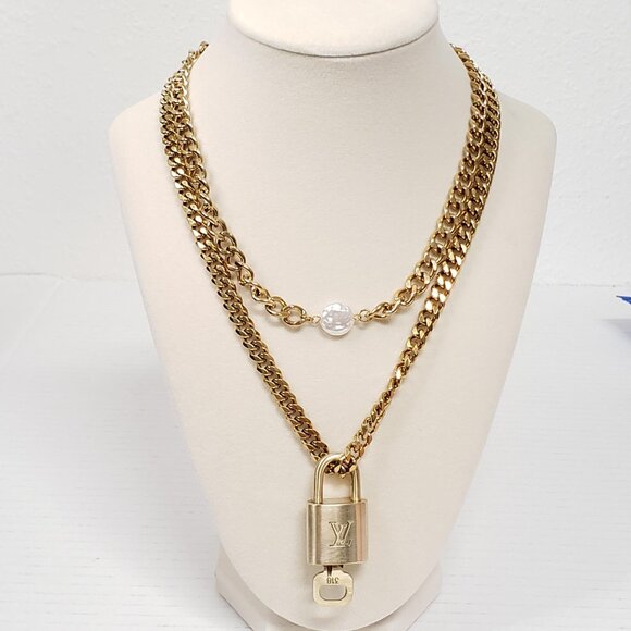 Louis Vuitton Lock & Key Gold with Unbranded Cuban Style Stainless Double Chain - Picture 1 of 14